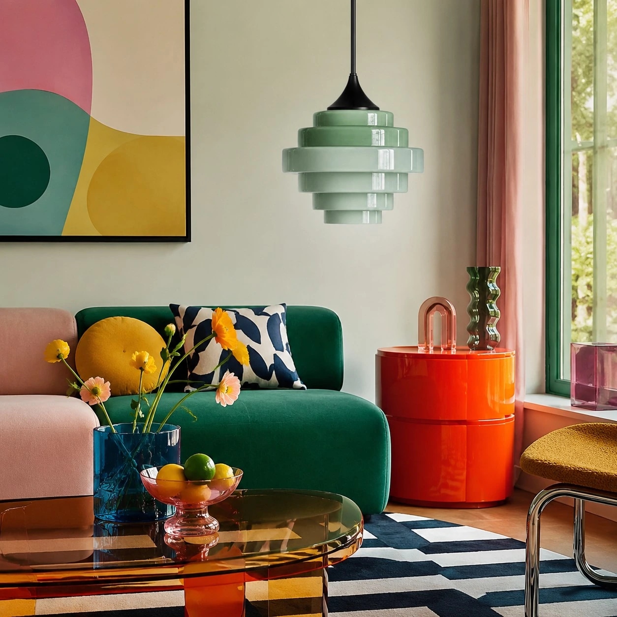 Groene Sanenos glazen hanglamp in een kleurrijke woonkamer.