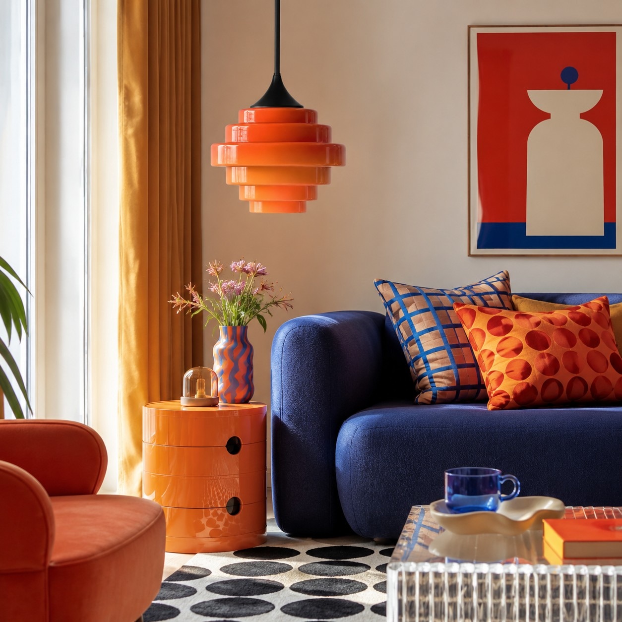 Oranje Sanenos glazen hanglamp in een kleurrijke woonkamer