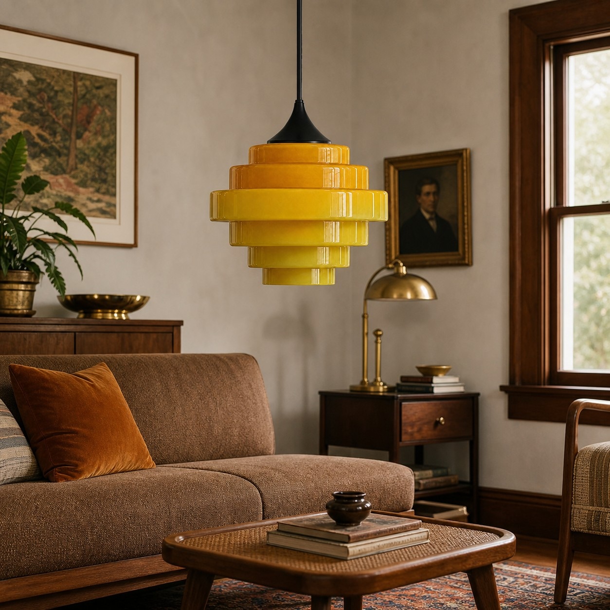 Gele Sanenos glazen hanglamp in een warme woonkamer.