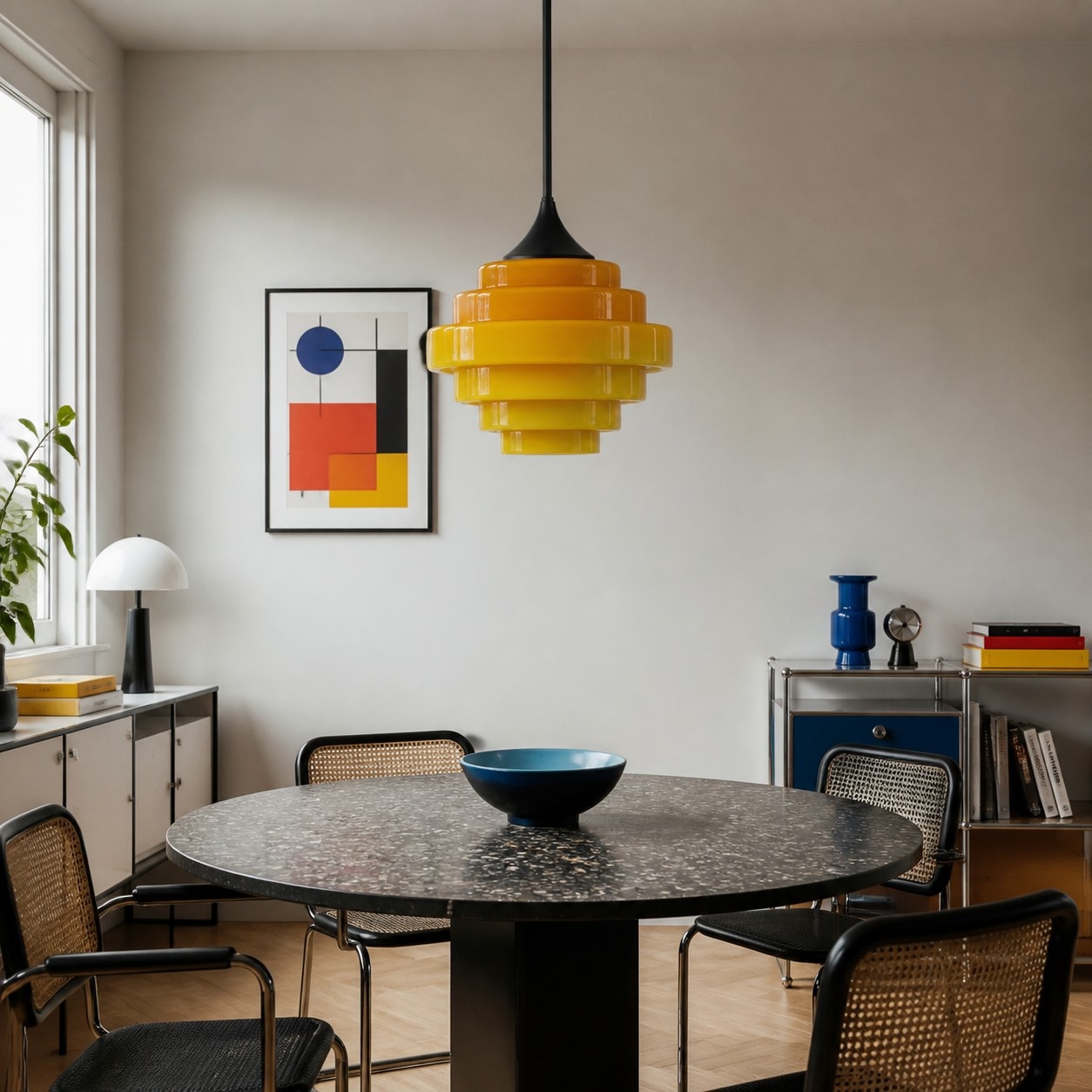 Gele Sanenos glazen hanglamp boven een eettafel
