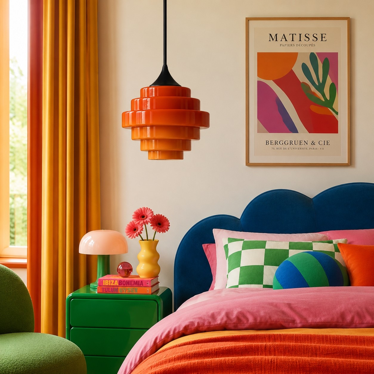 Oranje Sanenos glazen hanglamp in een retro slaapkamer